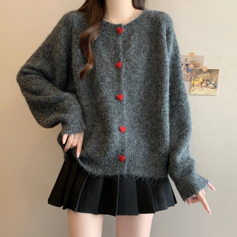 Love Single-breasted Age-reducing Soft Waxy Sweater Jacket Women's Autumn and Winter Loose and Thin Shoulder Sleeves Knitted Top Cardigan