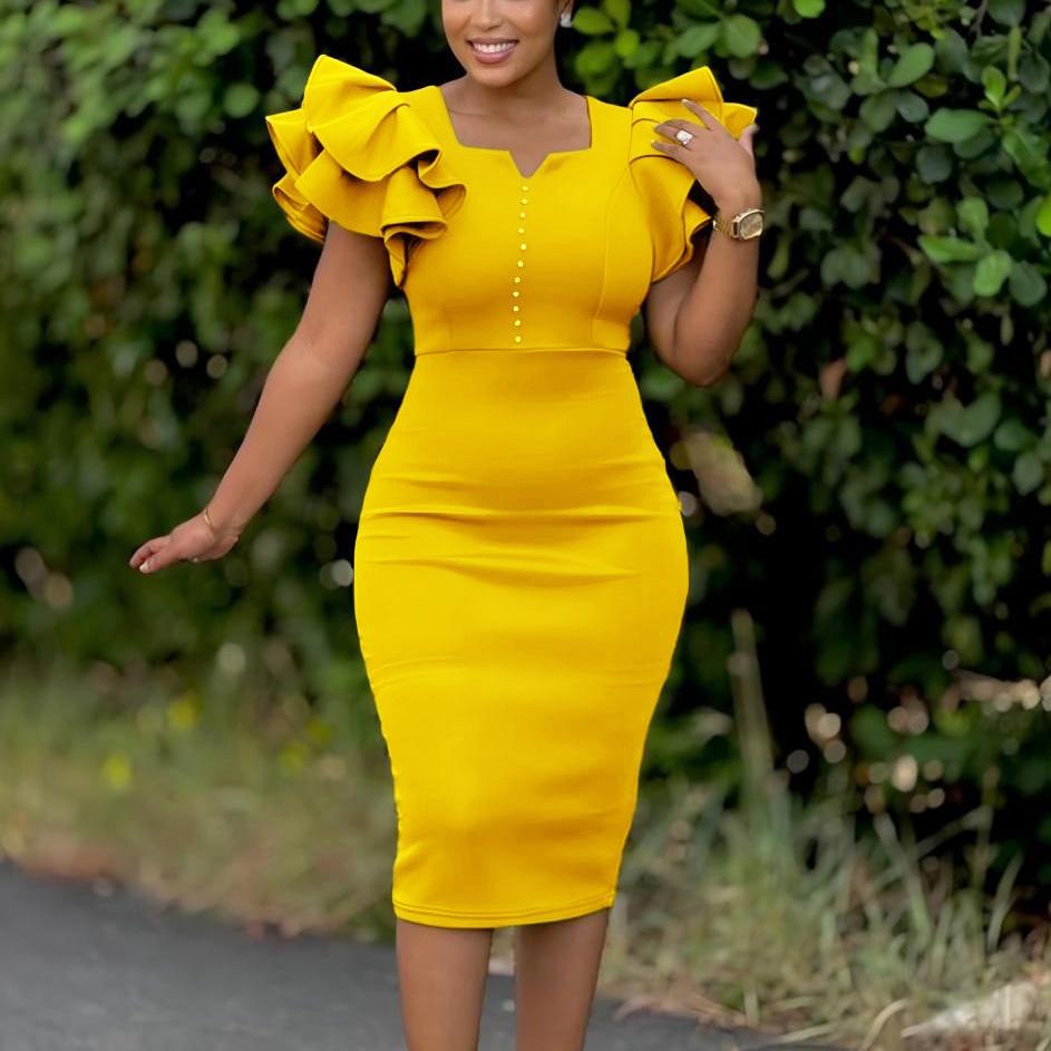 Women Square Neck Elegant Bodycon Dresses Fashion Ruffles Sleeve Beaded Plus Size Party Dress Clothes