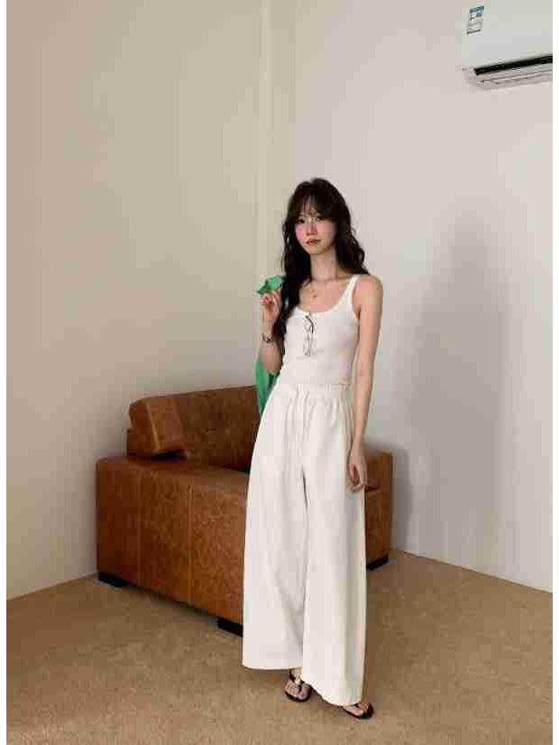Ting Lan White Cow Elastic Loose Wide-Leg Slimming Casual Nine-Point Pants