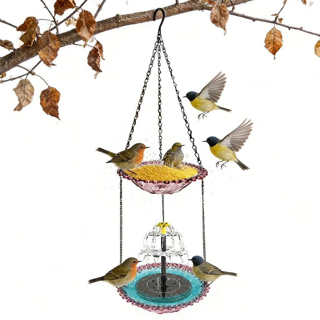 Double Layer Hanging Solar Bird Bath Fountain Wildlife Feeder Solar Cascade Hanging Bird Bath Fountain for Outdoor Garden Decor