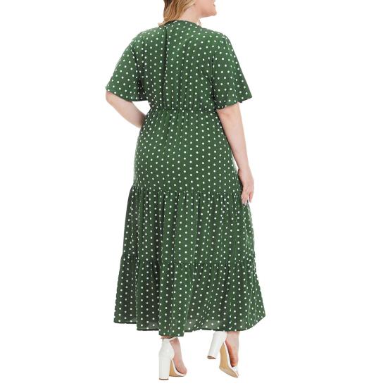 Sukienka damska plus size z dekoltem w serek, krótkim rękawem, falbankami i płynnym dołem midi