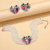Multi-layer Imitation Pearl Neck Chain Stud Earrings Set, Colorful Bridal Crystal Jewelry Full of Diamond Heart Necklace Women