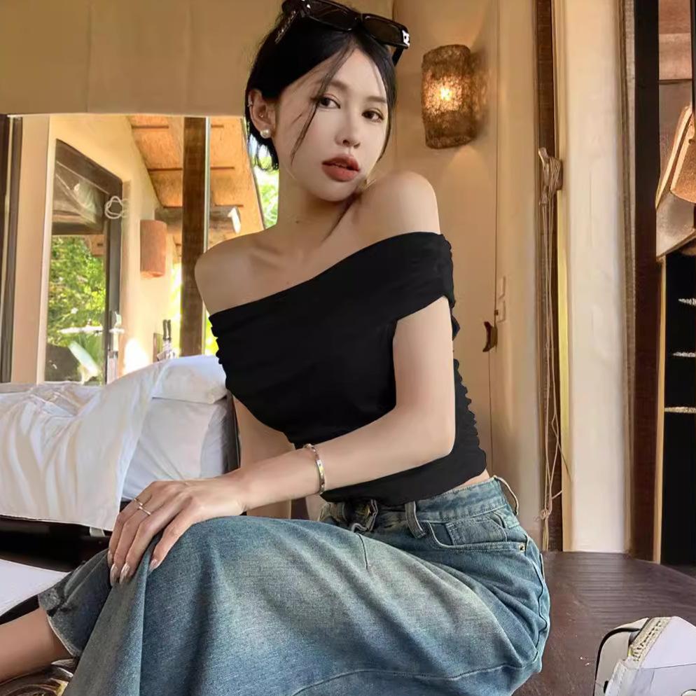 Ins Off-the-shoulder Sexy Hottie Pure Desire One-word Collar Short-sleeved T-shirt for Women's Summer Slim-fitting and Thin Bottoming Top for Women