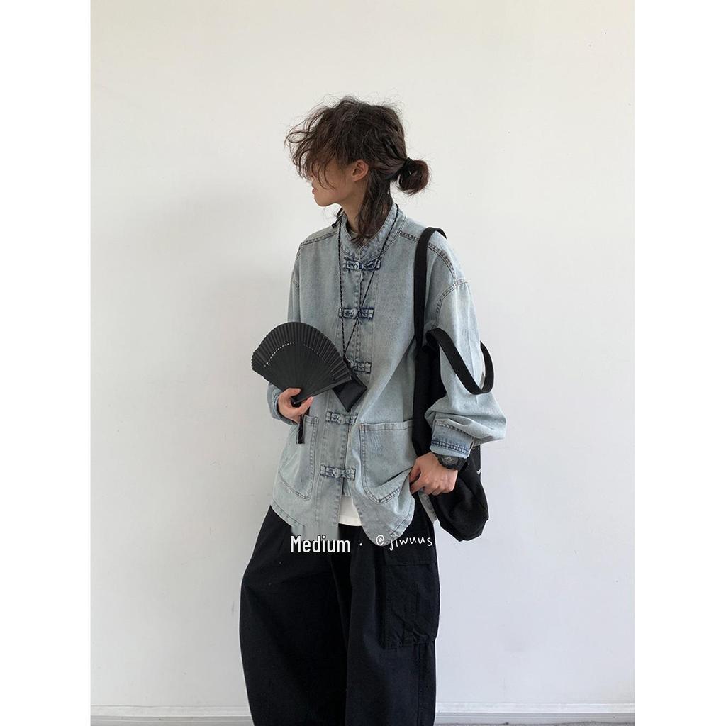 Unisex Retro Frog Button Denim Shirt: Versatile Blue Stand Collar Jacket for Men & Women