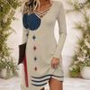 Women Criss Cross V Neck Long Sleeve Beige Printed Fitted Curved Hem Dress