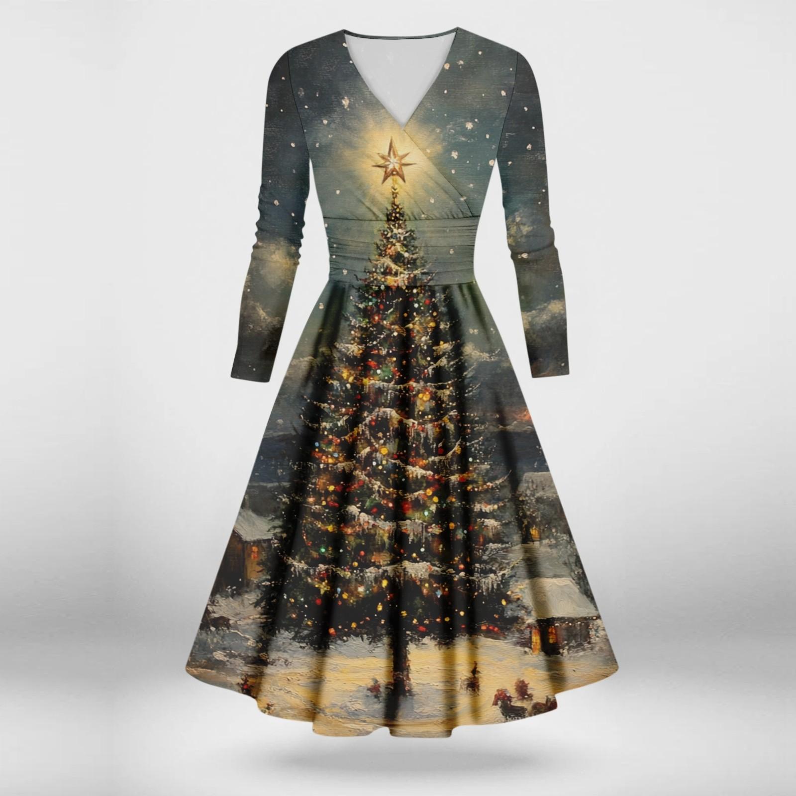 

Женское повседневное и модное сексуальное платье с v-образным вырезом и длинными рукавами с рождественским принтом M золотой