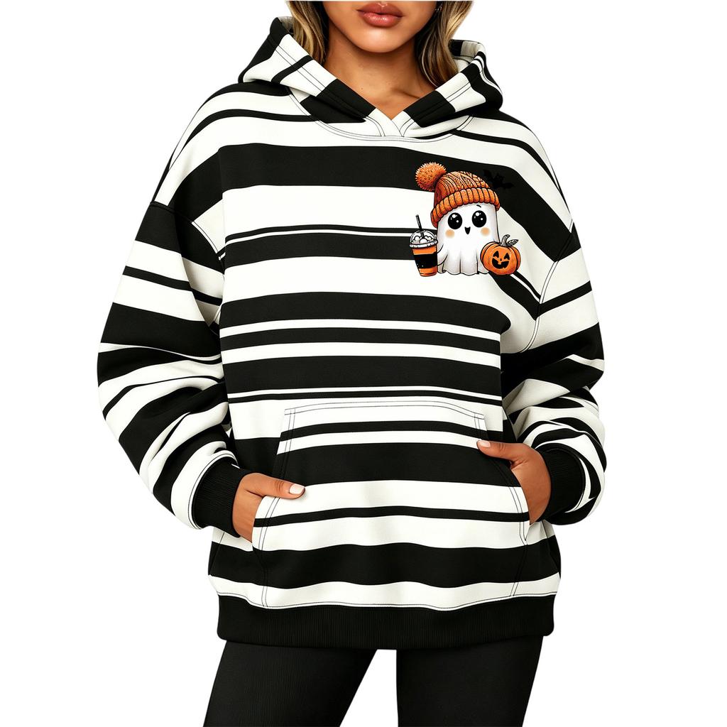 Women's Long Sleeve Striped Print Pullover Hoodie Sweatshirt with Pockets for Halloween