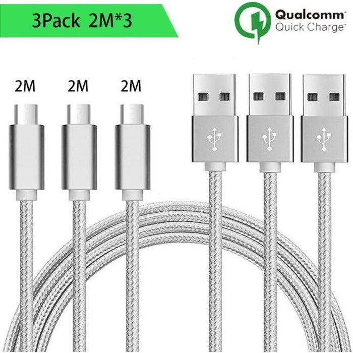 Câble Micro USB - Non spécifié - Lot de 3 - 2M - Nylon Argenté - Compatible Android