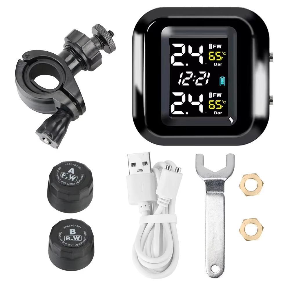 Motorcycle Tire Pressure Monitor LCD Digital Display External Motorcycle Wireless Tire Pressure Detector Monitoring Alarm System