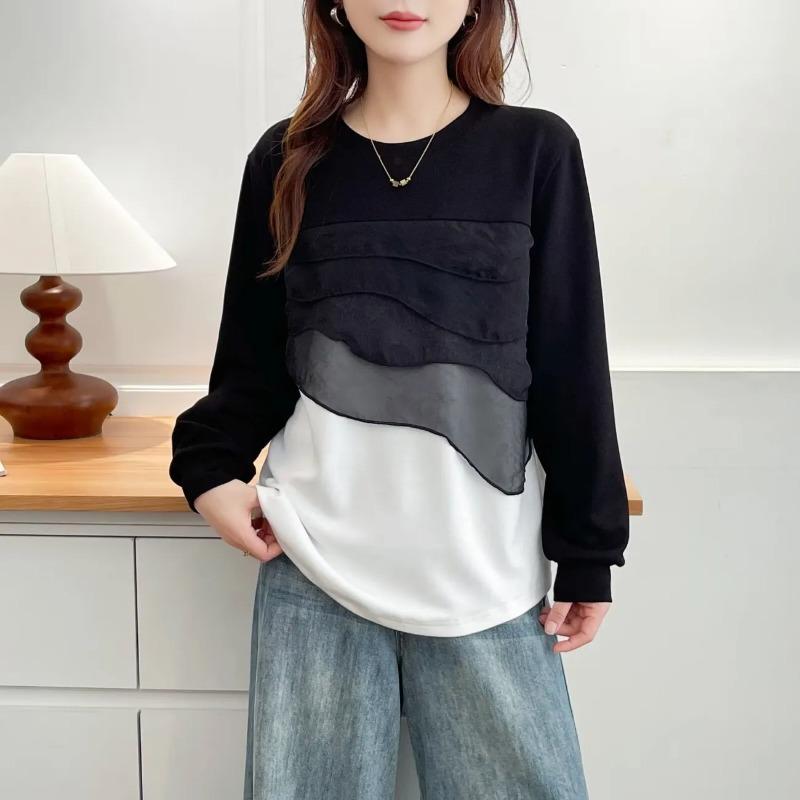 

Plus Size Women s Round Neck Contrasting Mesh Stitching Autumn Fashion Age-reducing Loose Long-sleeved Top 3XL