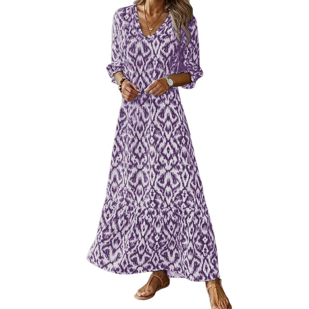 Women's Bohemian 3/4 Sleeve V-Neck Printed Maxi Dress