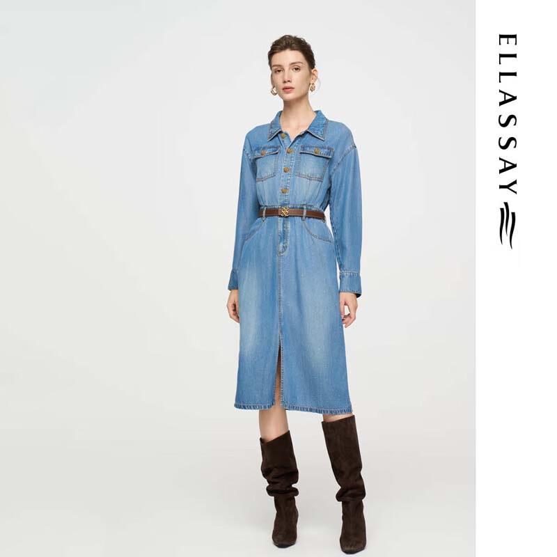 ELLASSAY Women's Lyocell Denim Waist-Cinching Long Sleeve Dress