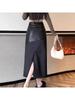 Women's Autumn High-Waist Black PU Leather Patchwork A-Line Skirt with Back Slit