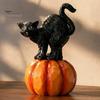 Black Cat Sculpture with Pumpkin Halloween Ornament, Vintage Wood Carving Style Indoor Holiday Tabletop Accents Resin Figurine, Spooky Decor for Home