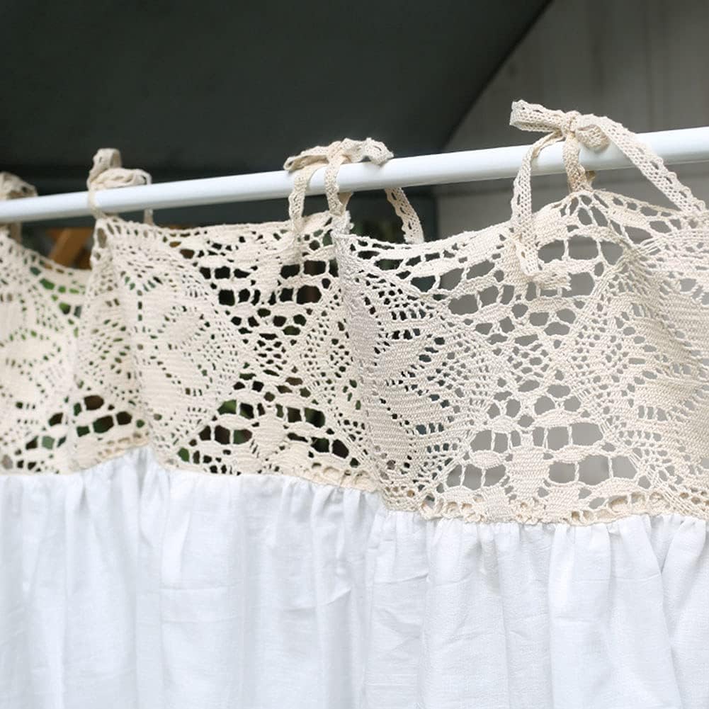 vctops Cotton Crochet Splicing Tier Curtains Tie Top Semi Sheer Cafe/Kitchen Curtains Rustic Short Curtain for Small Windows, 1 Panel (White,