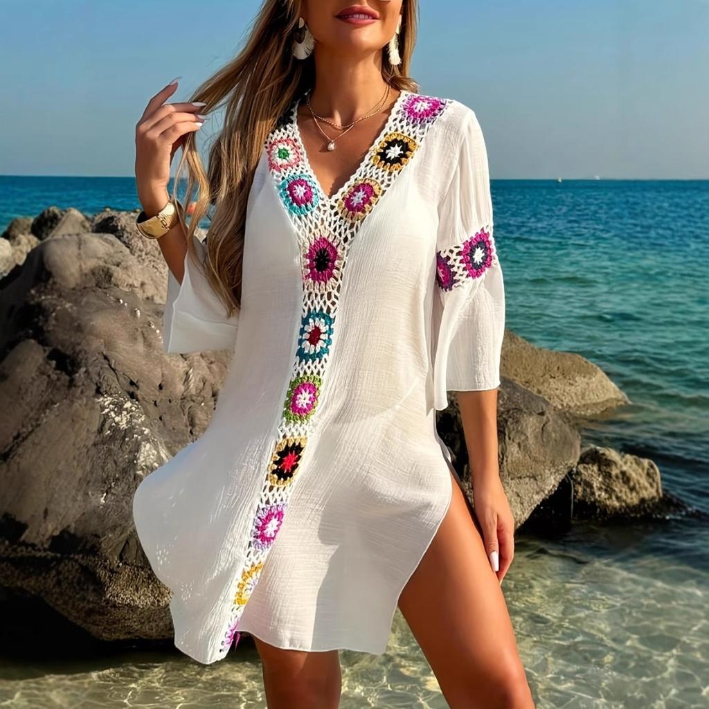 Women's V Neck Three Quarter Sleeve Tunic Dress Loose Fit Mid Rise Boho Crochet Cover Up Beach Dress