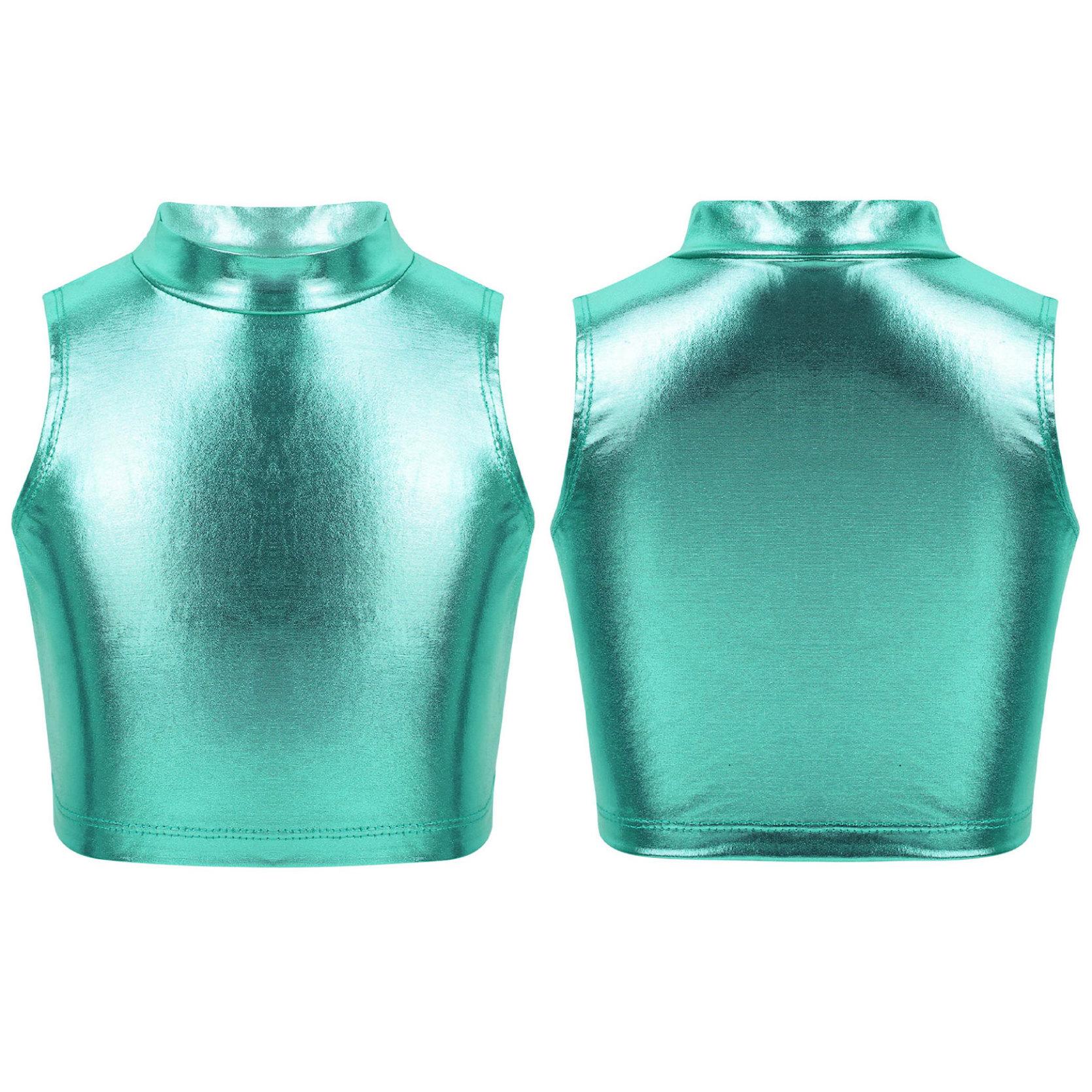 

Модные блестящие металлические водолазки без рукавов для девочек, укороченные топы на бретелях, гимнастический топ на бретельках, танцевальная одежда 7-8 Years озеро синий