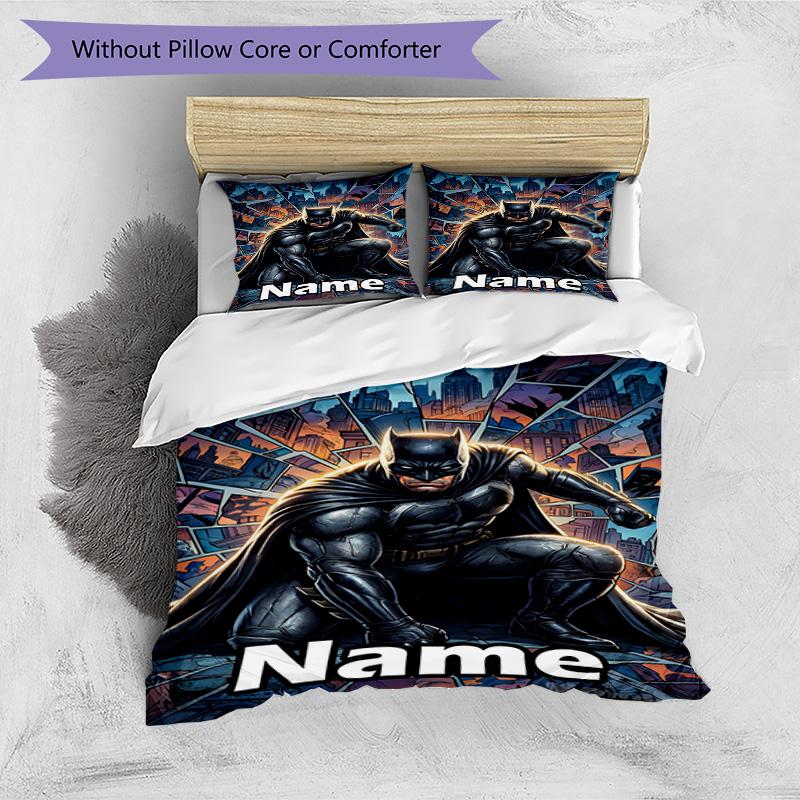 3pcs Duvet Cover Set (1*Duvet Cover + 2*Pillowcase, Without Core), Custom Name Batman Pattern Bedding Set, Home Bedroom Decor Gift