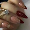 European & American Gold Frosted Red Wearable Nails - 24 Pieces