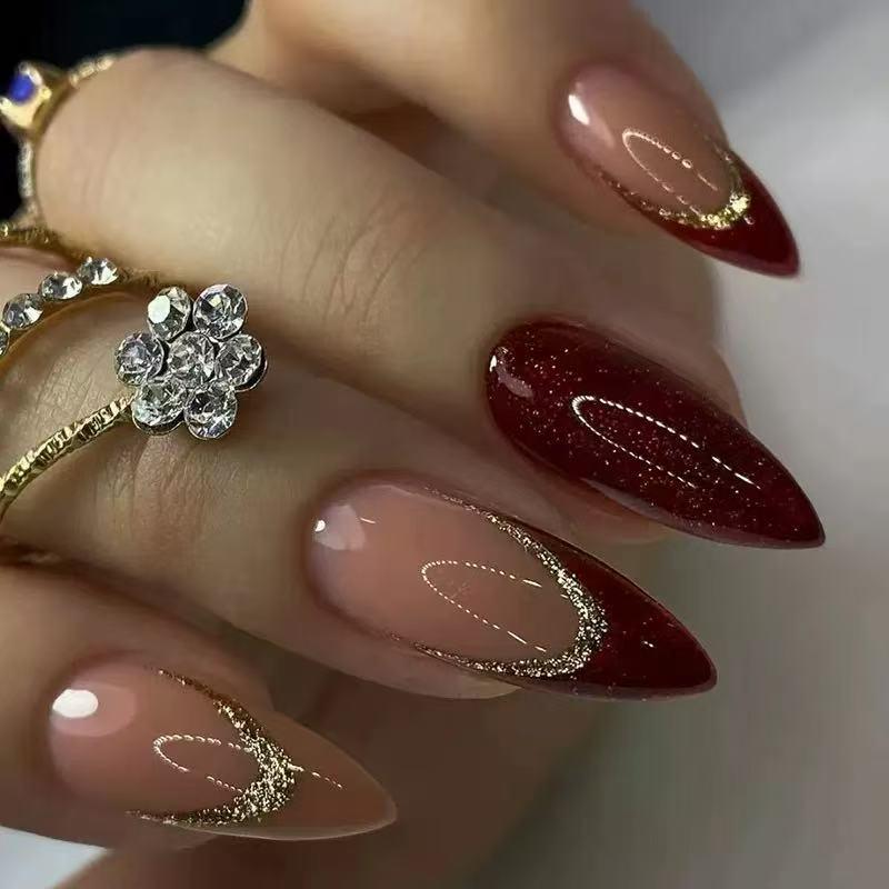European & American Gold Frosted Red Wearable Nails - 24 Pieces