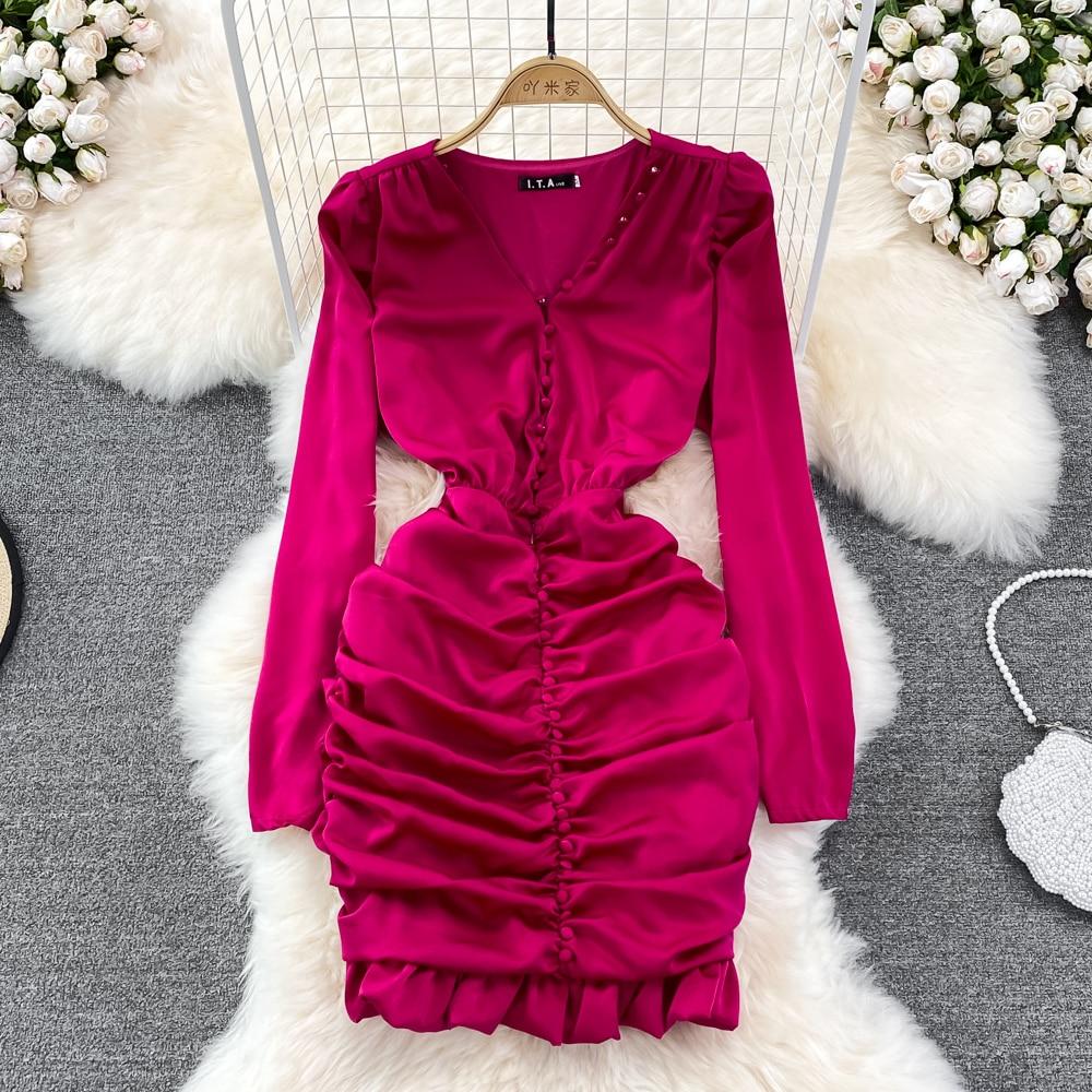 RUGOD High Quality Sexy V-neck Dress Spring 2025 New Slim Slim Pleated Ruffle Hip Wrap Short Dress Single-breasted