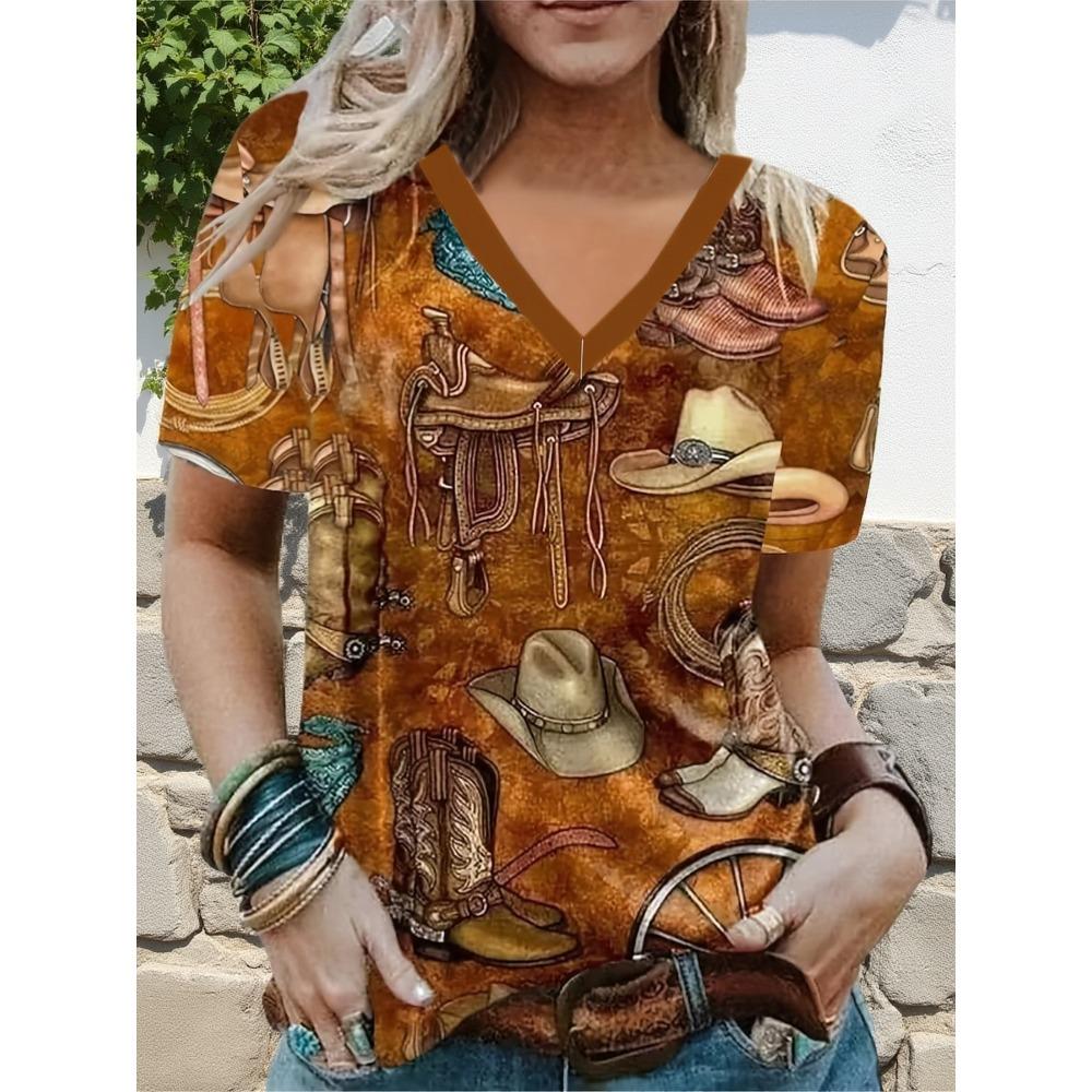 

Women S Summer Top Pattern Tribal Fashion Western Casual Short Sleeved V-Neck Regular Top for Daily Outings And Weekends S