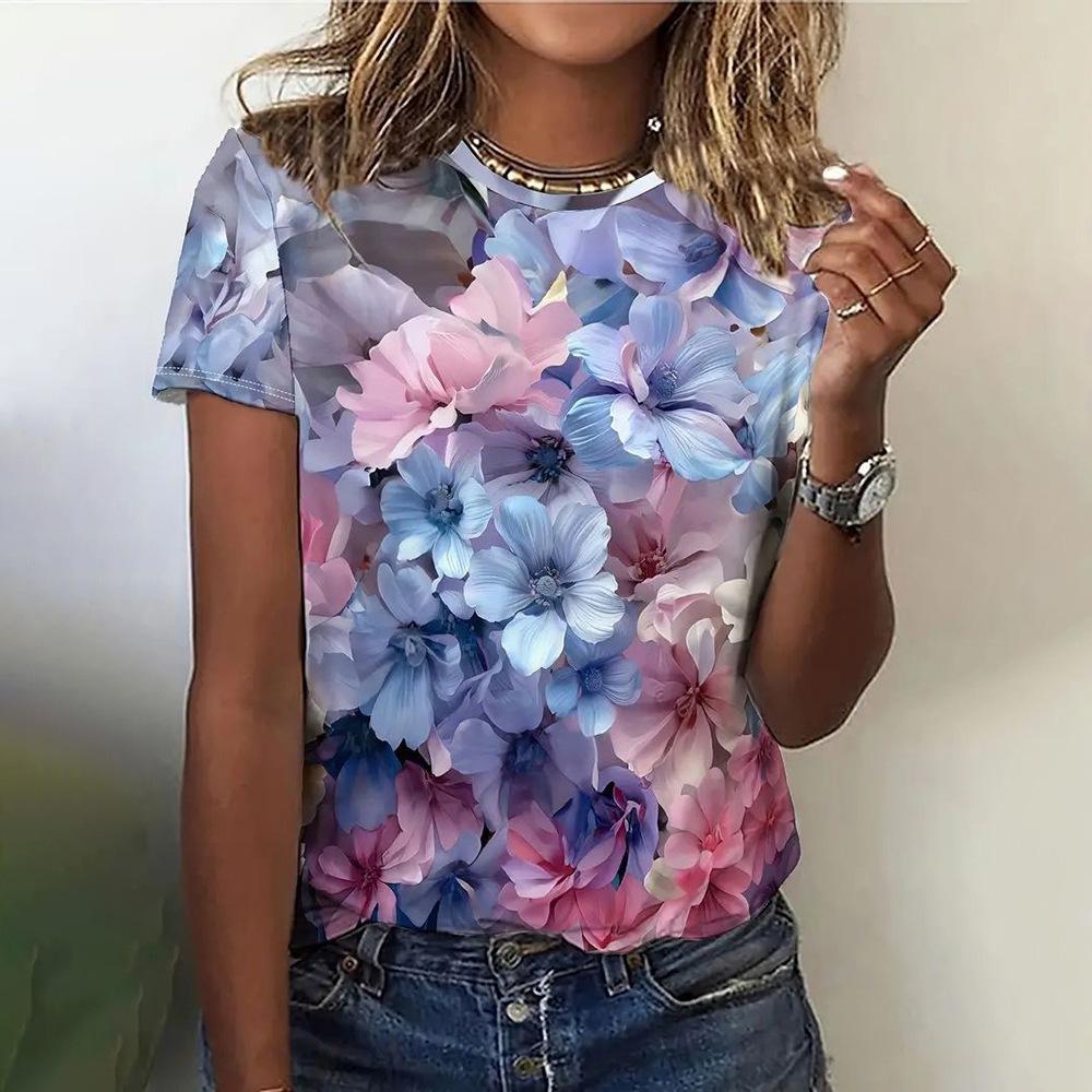 Casual and Versatile High-quality Flower Patterned Short Sleeved Round Neck Women's T-shirts