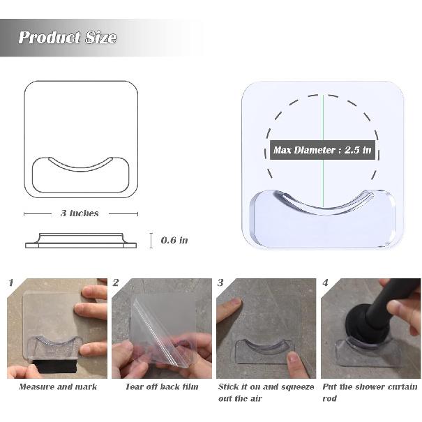 Adhesive Shower Curtain Rod Holder, 4 Pcs Tension Rod Holders, No Drilling | Invisible Rod Retainer, Transparent Wall Mount Holder for Shower Curtain