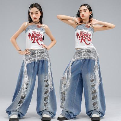 Girls' Korean Style Jazz Dance Costume - Children's Ripped Denim Pants for Summer Performance.