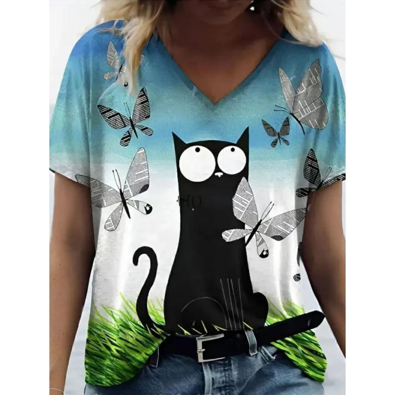 Cartoon T-shirt Women's Short Sleeve Summer Outdoor Casual V-Neck Short Sleeve Tops Oil Painting Puppy Print Plus Size Clothing