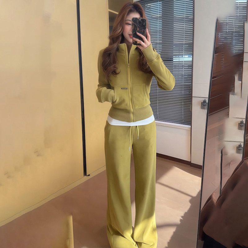 

2026 Autumn/Winter Women s Korean Slim Fit Suit: Stand Collar Top & High-Waist Casual Pants Two-Piece Set XL