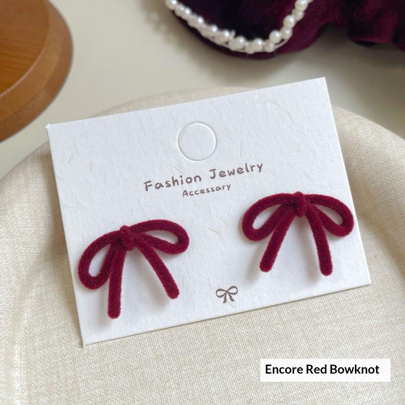 Cute Red Bow Flocking Earrings Simple Elegant Exquisite Sweet Festive Earrings Ear Studs Jewelry Accessories New Year Gifts