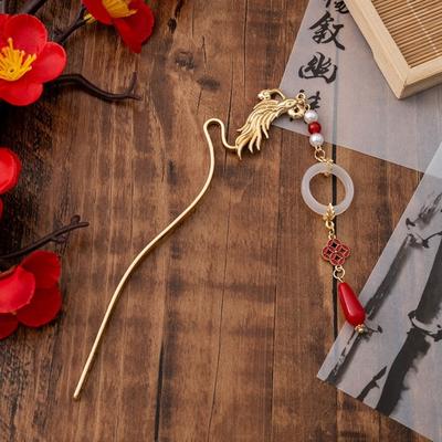 Chinese Style Dragon & Phoenix Hairpin with Tassels Women Girls Long Hair Clip Decoration Chinese Ancient Hanfu Costume Hair Accessories