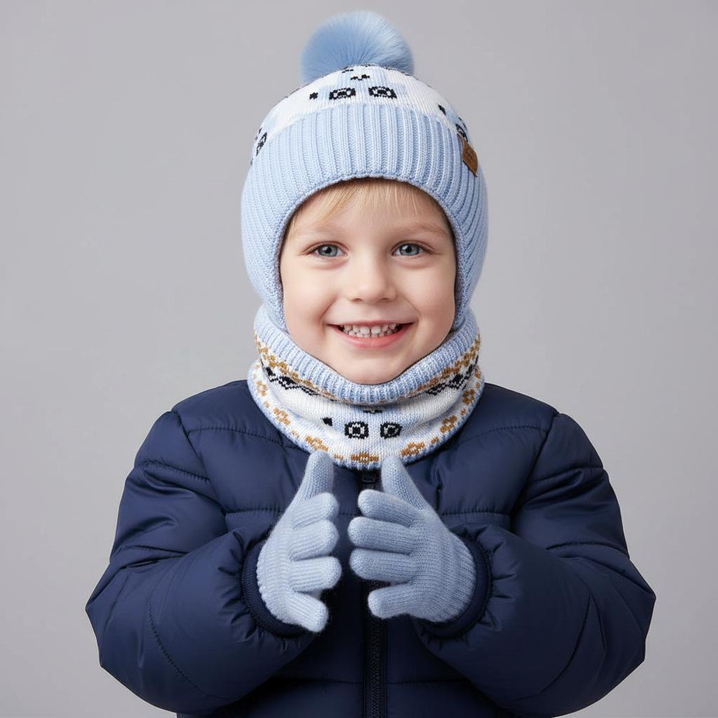 Dziecięcy Zimowy Ciepły Dzianinowy Zestaw Czapka z Pomponem Szalik Rękawiczki Zestaw 3 Szt. Lub Pojedyncza Czapka Beanie Wiatroodporna Ochrona Uszu Dla Chłopców Dziewczynek Zimna Pogoda Na Zewnątrz