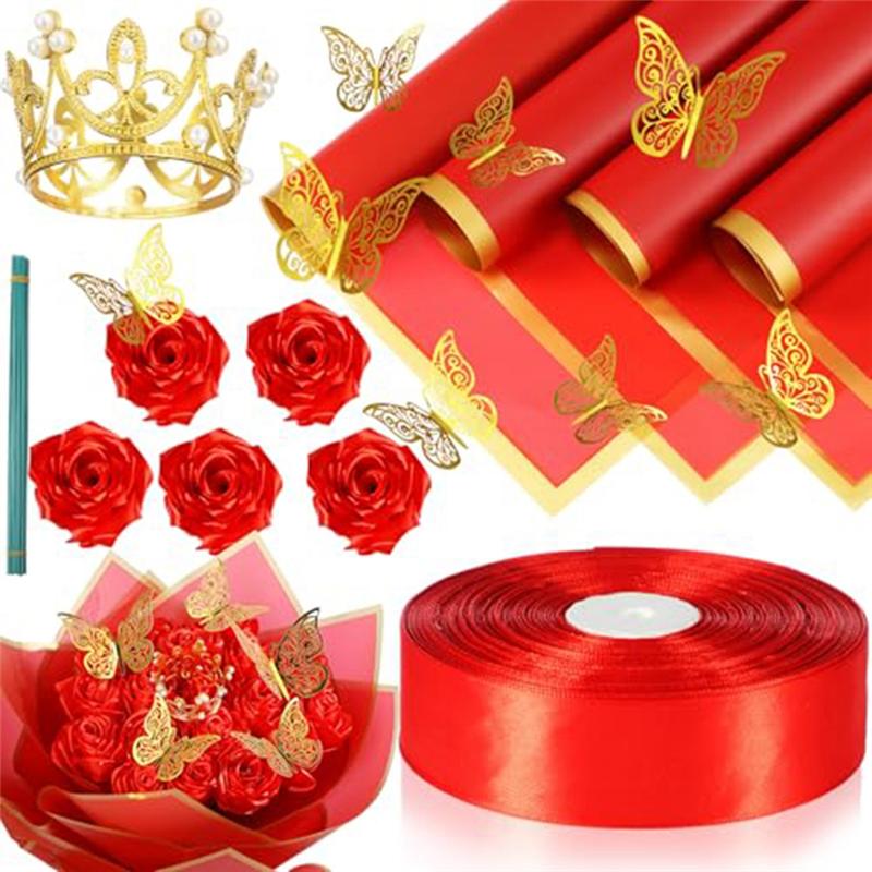 M-Modern-Artificial Roses Bouquet Flowers Bouquet Wrapping Paper Flower Wrapping Paper Red красный