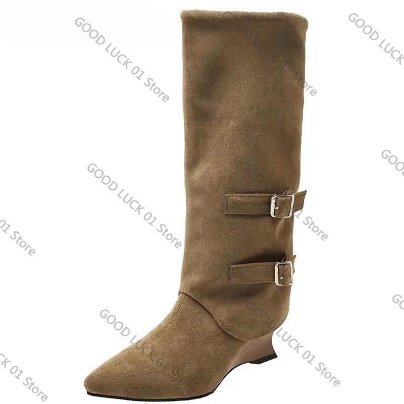 Fashion 2025 Vintage Suede Women Trouser Legs Boots Fashion Belt Buckle Slip On Shoes Autumn Winter Wedges Heel Ladies Long Booties