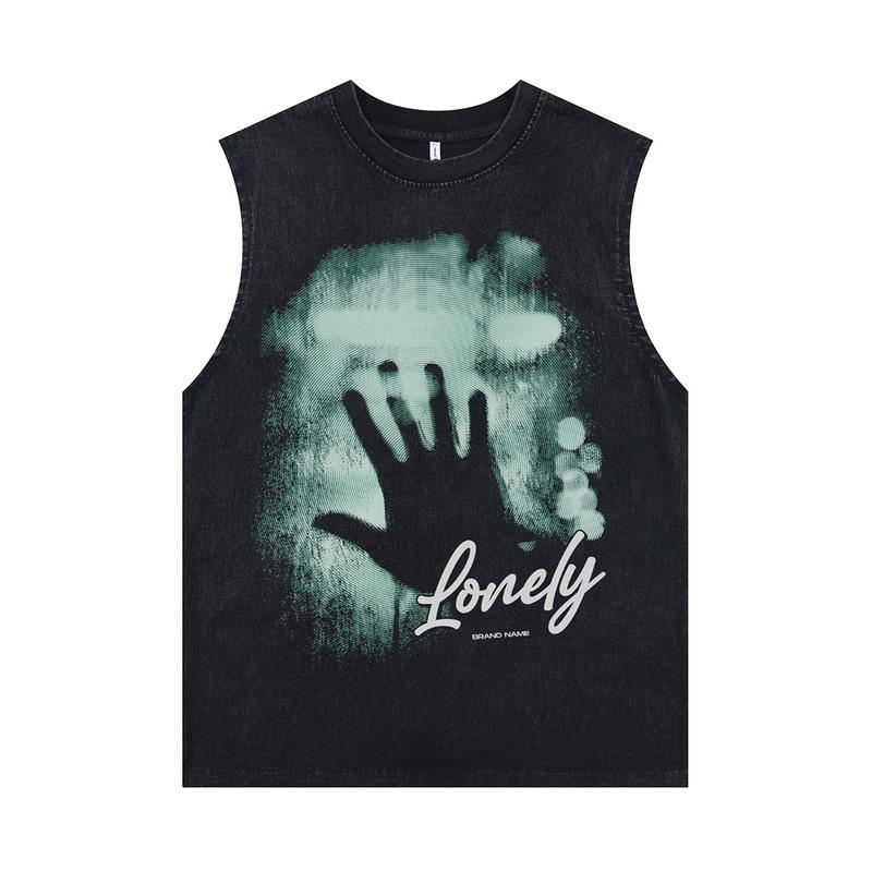 European And American High Street Retro Washed Old Rock Sweat Vest Couple Casual Direct Injection Printing Sleeveless T-Shirt Men
