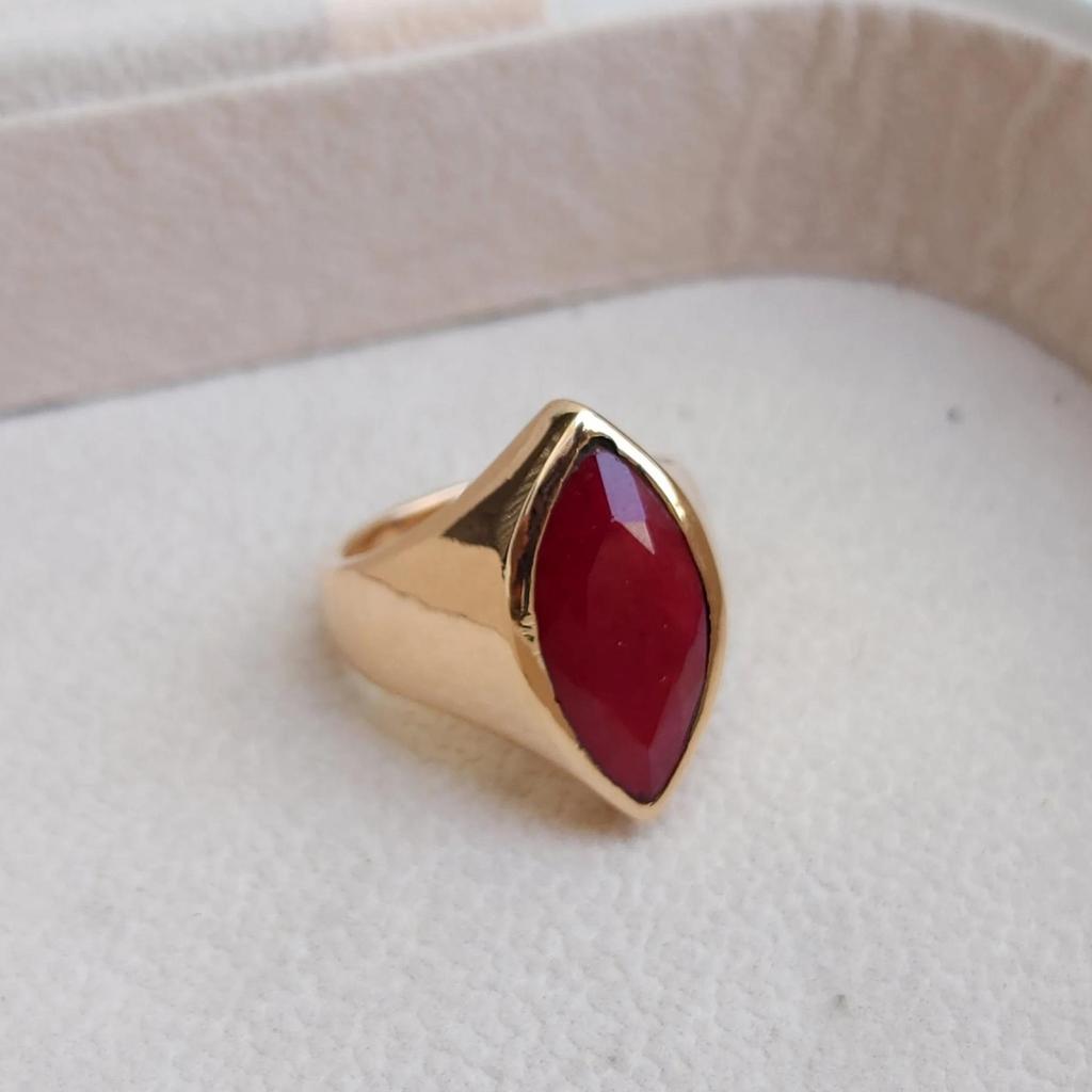 Marquise Raw Red Ruby Sterling Silver Rose Gold Overlay Ring Jewelry, Handmade Unisex Signet Ring Jewelry