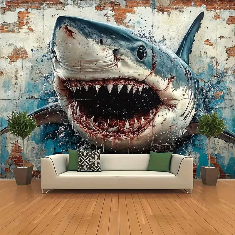 2D Grunge Brick Wall Giant Shark Background for Man Cave Bar Interior Decoration