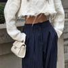 Women Elastic Waist Wide Leg Trousers With Pockets Casual Loose Pants Vintage High Waist Trousers Chic Straight Pants Pinstripe Office Wear Pants