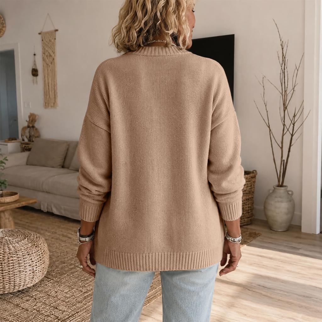 Cardigan in Maglia da Donna con Scollo a V Manica Lunga Vestibilità Larga Cappotto Maglione con Grandi Tasche
