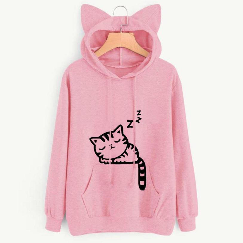 Plus Size Women Sweatshirt Cat Ear Funny Hoodie Kawaii Print Cat Cartoon Autumn Loose Casual Sweatshirts