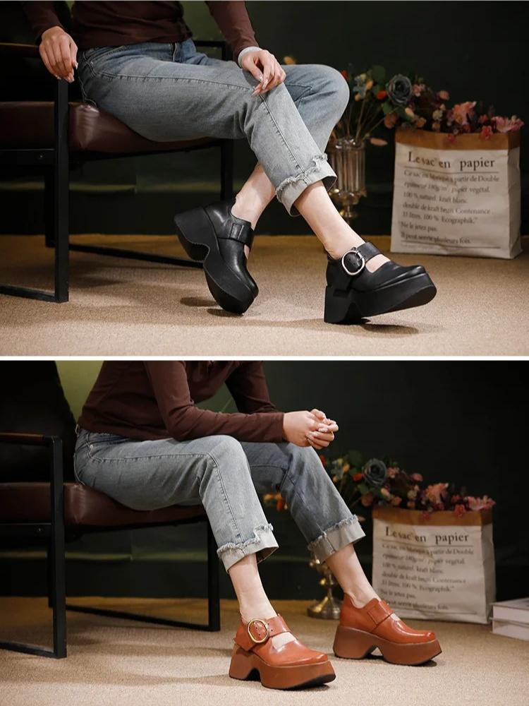 Johnature Genuine Leather Thick Soled Shoes Retro Versatile Buckle Strap Thick High Heels Women's Shoes