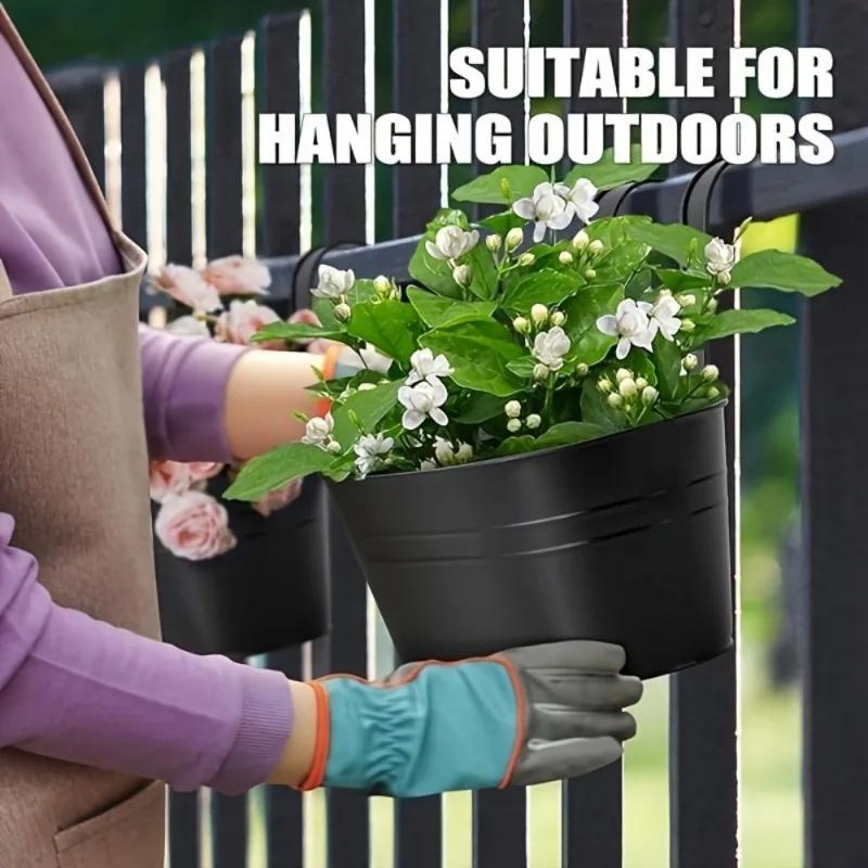 Iron Hanging Flower Pots Hanging Planters for Outdoor Plants Metal Railing Fence Planter with Drainage Holes and Hooks
