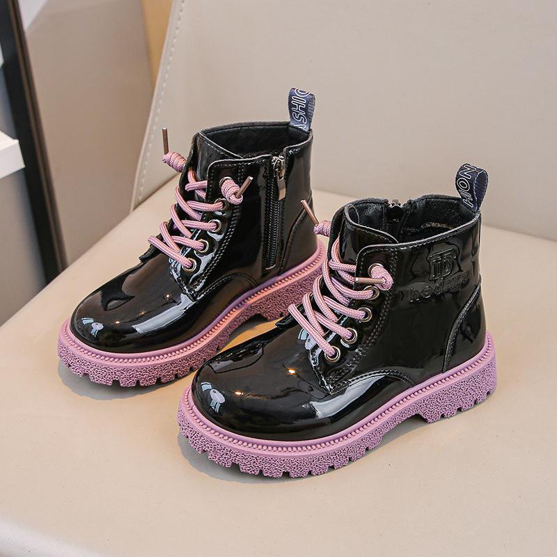 

Girls Patent Leather Ankle Boots - Autumn/Winter Plus Velvet, Zipper Design, Sequin Accents, Suitable for Middle to Big Kids and Babies 26 (Insole 17cm)