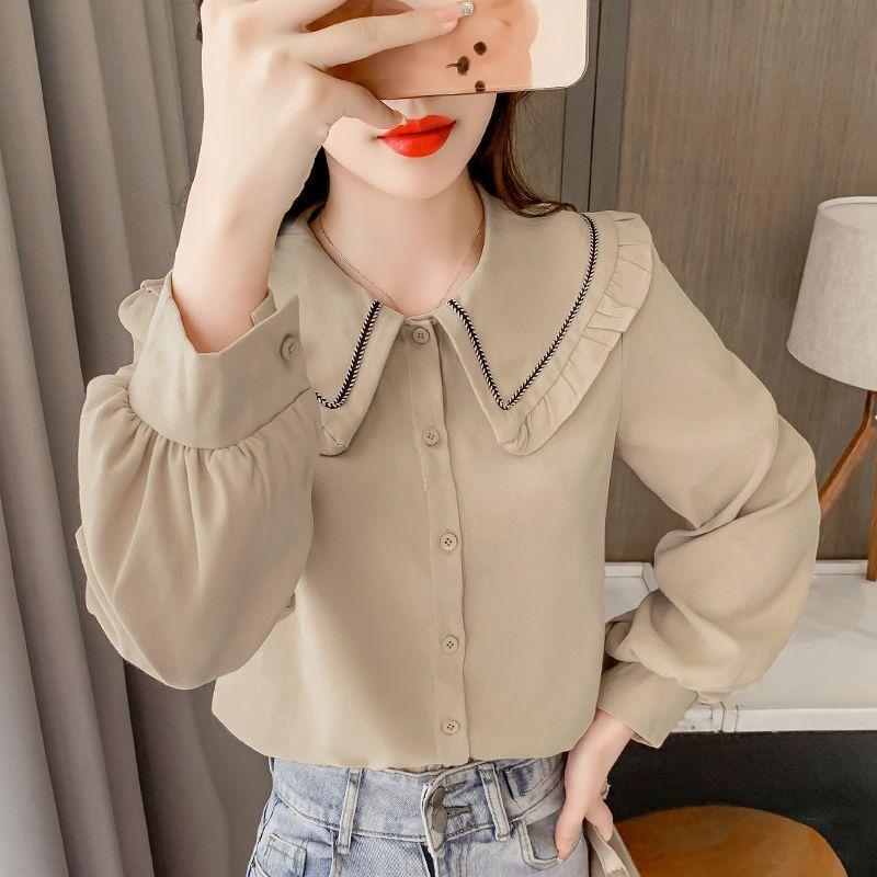 Shirt Women's Doll Collar French Style Shirt with Reduced Long Sleeved Top