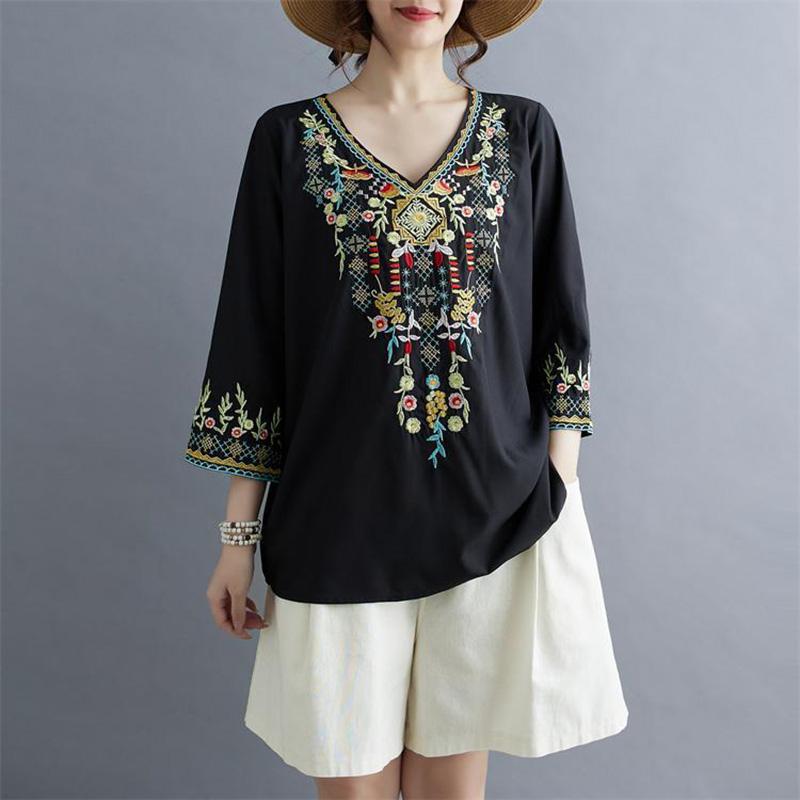 Oberteile Damen Baumwolle Sommer Große Größe T-Shirt V-Ausschnitt Locker Bedruckt Lässig Pullover T-Shirt Top