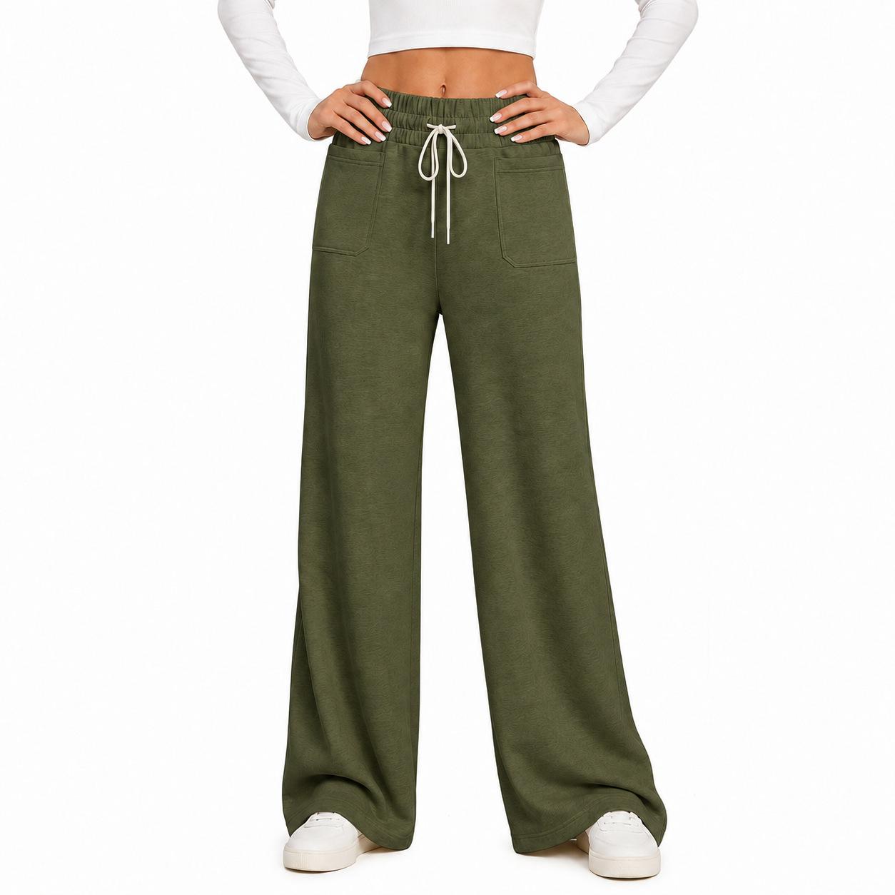 Women s Casual Drawstring Straight Leg Pants with Front Patch Pockets Flowy Fit L