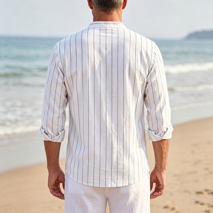 Men's Linen Stand-Up Collar Striped Shirt Spring and Autumn Casual Commuter Trend Slim-Fit Long Sleeve Shirt
