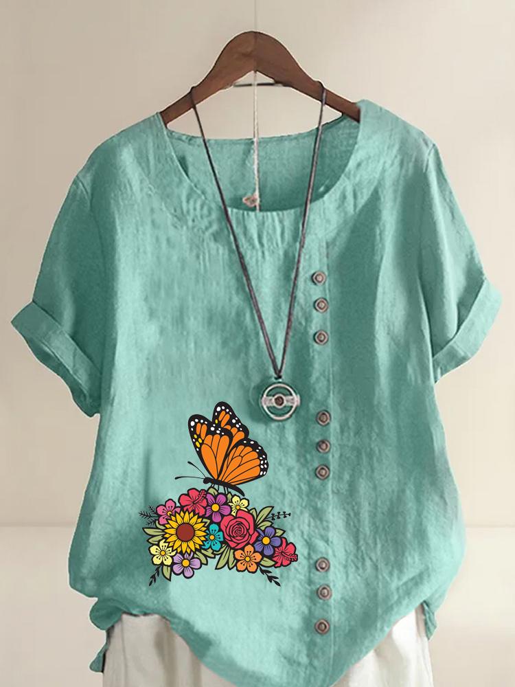Women's Fashion Butterfly Flowers Print Casual Cotton Linen Short Sleeve Round Neck T-shirt Shirt Leisure Loose Summer Blouse Tops
